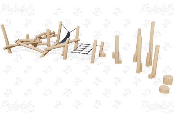 Parcours met hangmat L J49162 speeltoestellen duurzaam natuurlijk houten speeltoestellen klim- en evenwichtsparcours afbeelding 3d