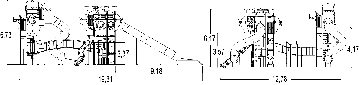 Twee torens J47102-P speeltoestellen gethematiseerde speelcombinaties metropolis afbeelding zijaanzicht